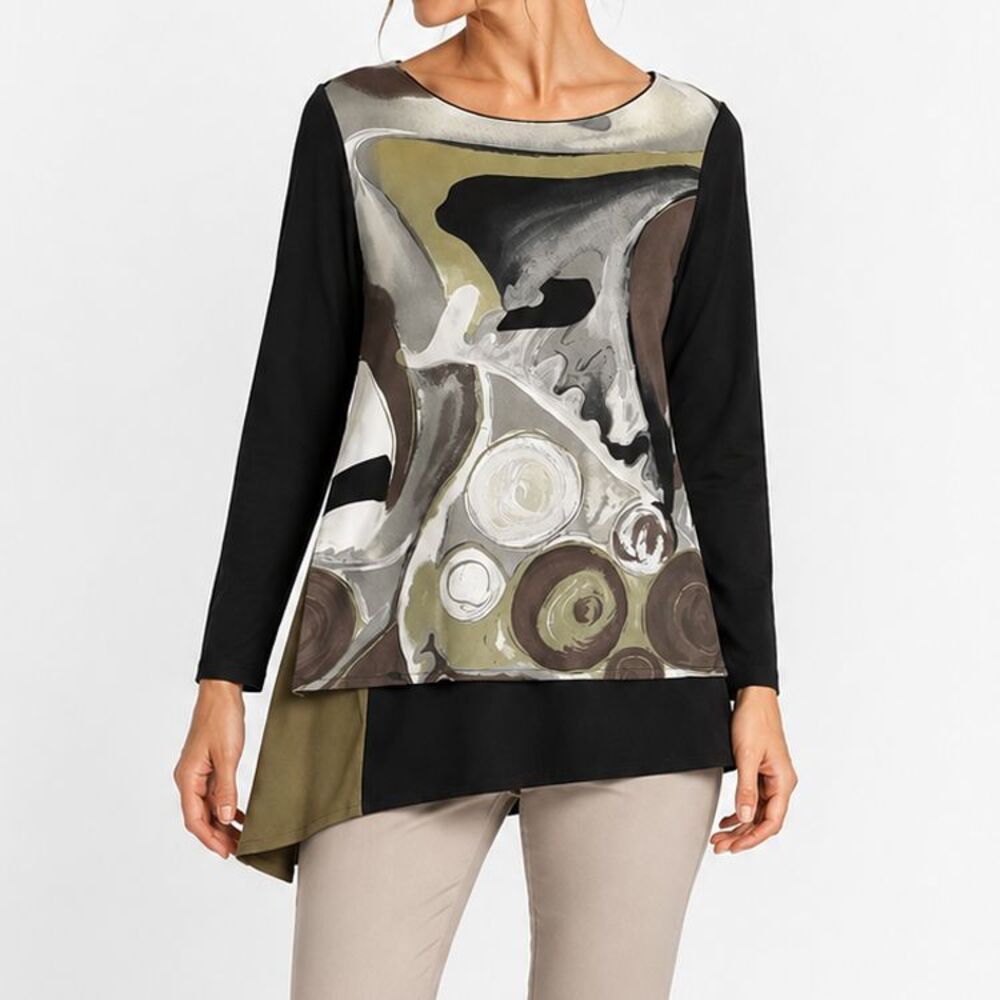 Eva Varro Women's L Abstract Art Asymmetrical Tunic Top Black Olive USA Made